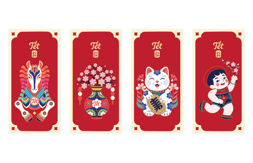 Tứ Sắc Xuân Ca – The Four Hues of Spring  Lì Xì Red envelope design set - Premium Vector Graphic