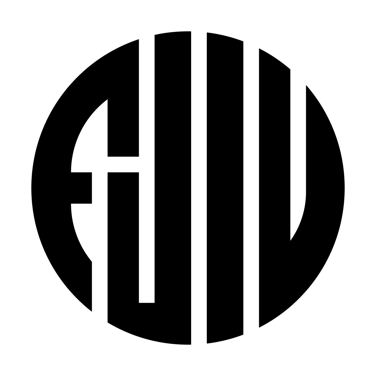 abstract geometric logo with bold monochrome shapes inside a circular boundary