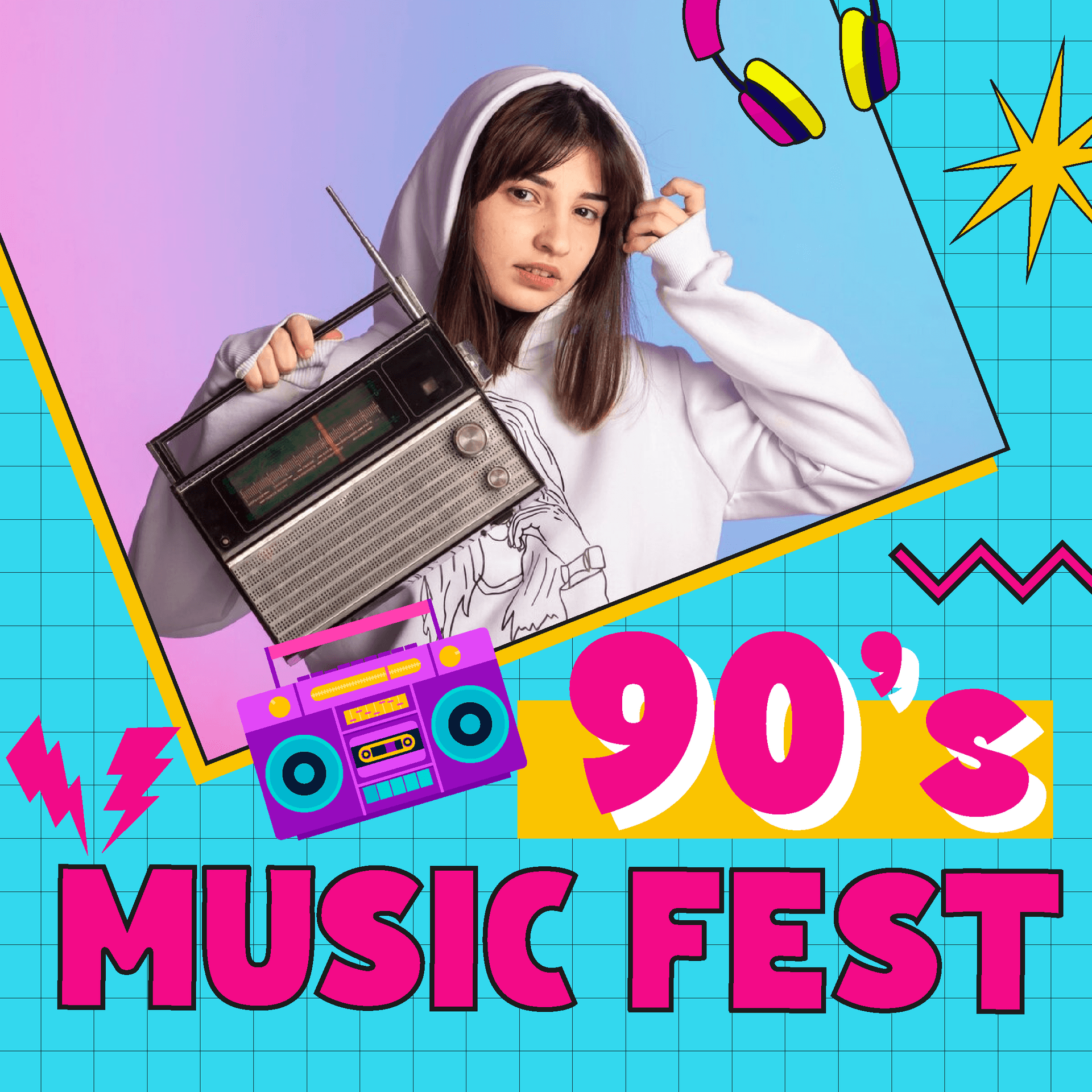 retro 90s music fest poster with girl and boombox