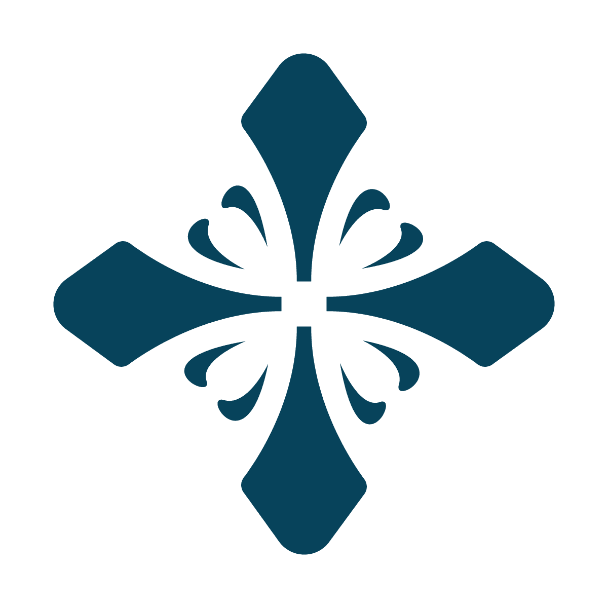 isolated stylized blue symmetrical cross element with floral flourishes for ornamental use