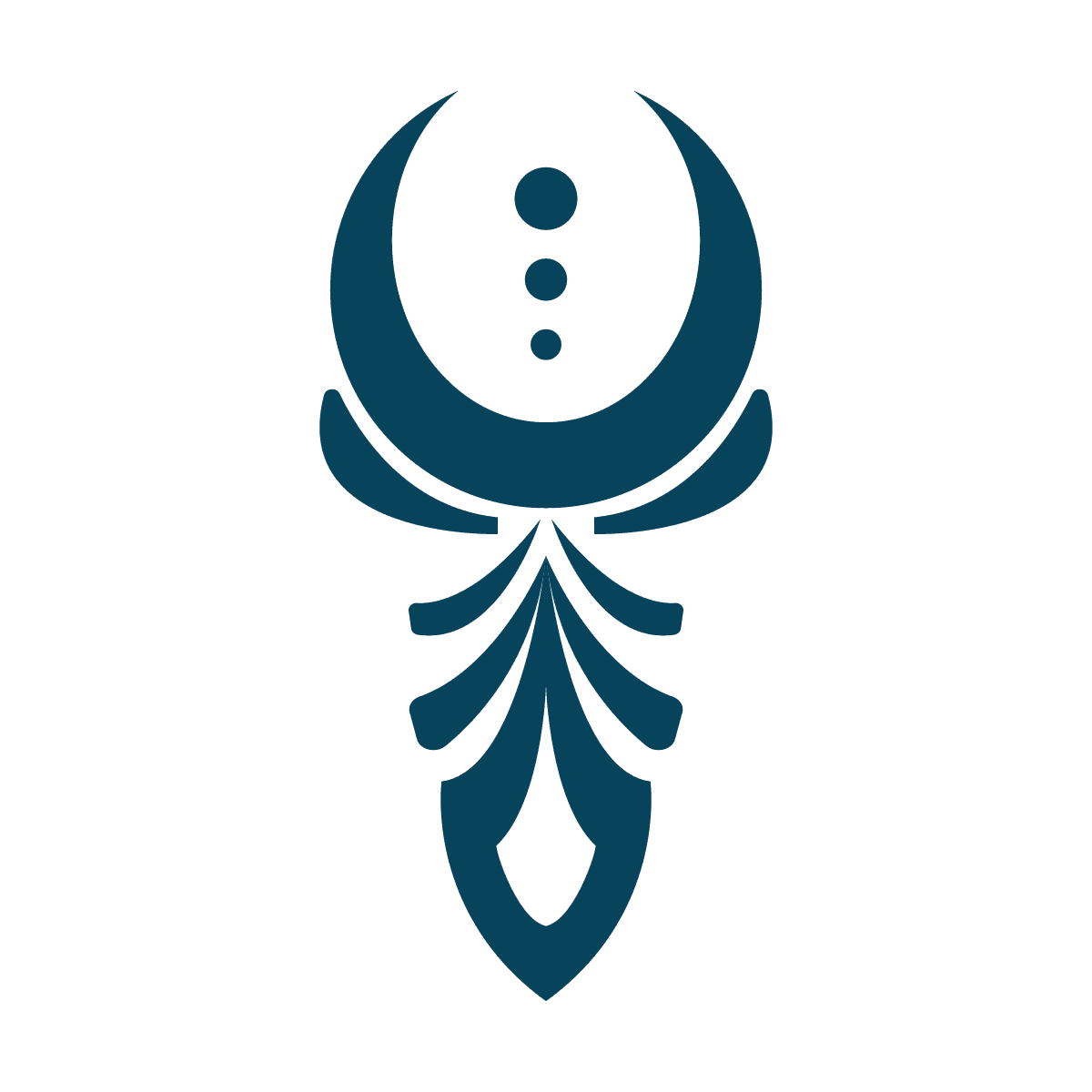 isolated stylized blue stacked crescent moon top element with three dots and flourish base