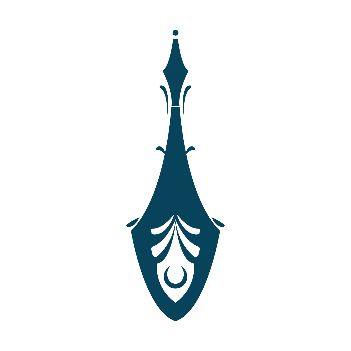 isolated stylized blue vertical slender element with pointed top and crescent detail