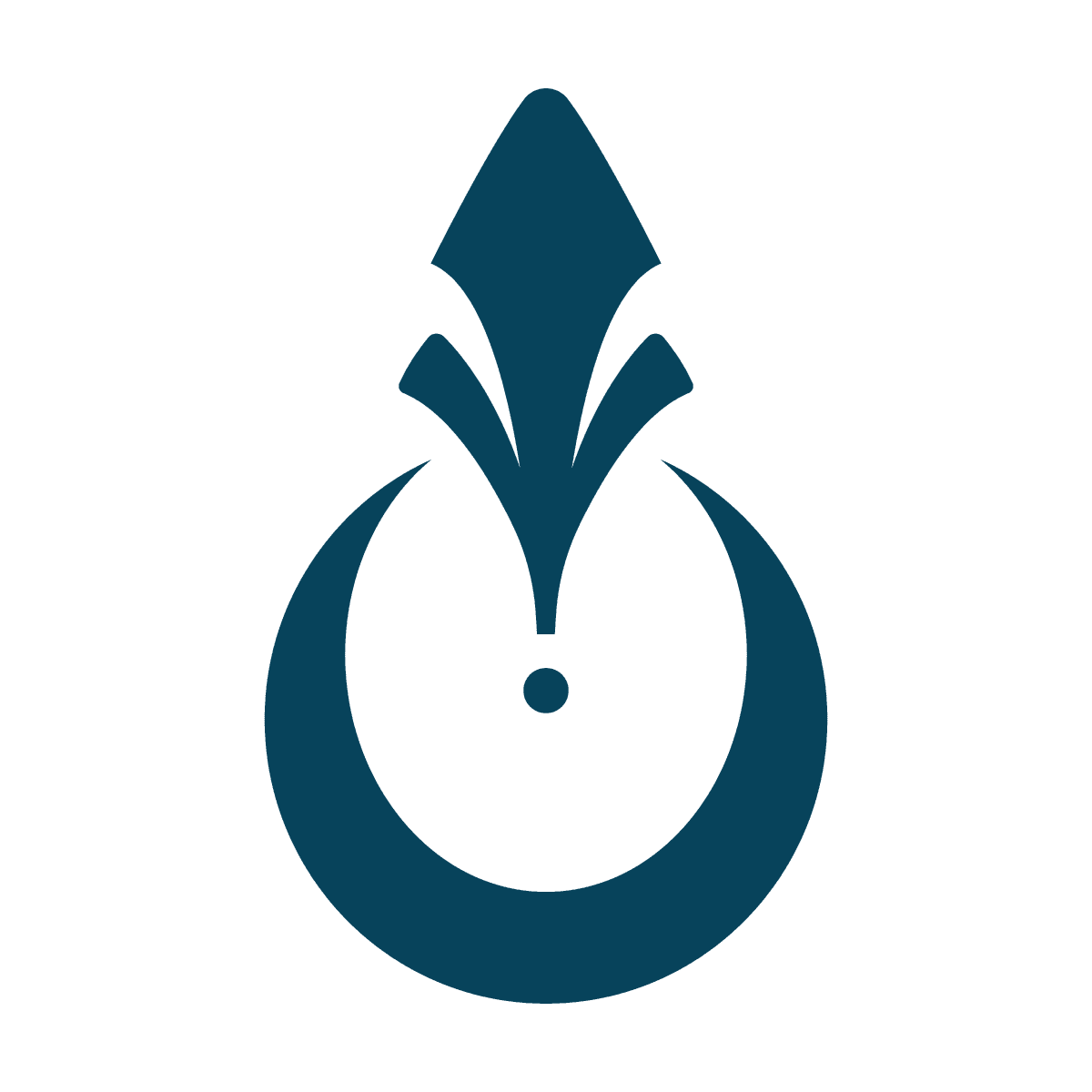 isolated stylized blue crescent moon element with pointed tip and central dot for embellishment