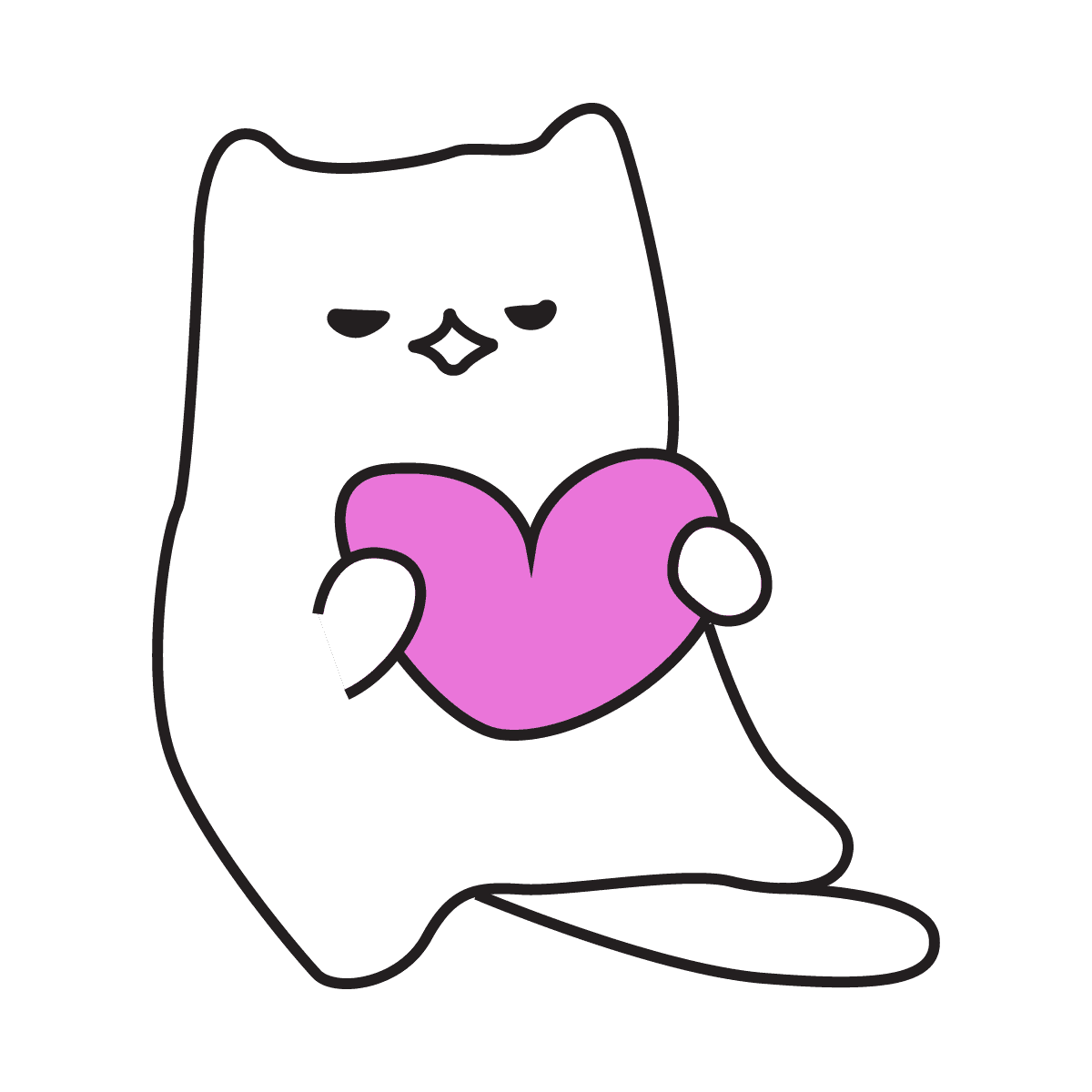 cute minimal line art cat holding a sweet pink heart