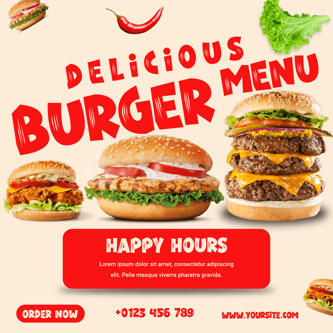 vibrant delicious burger menu social media post for promotions