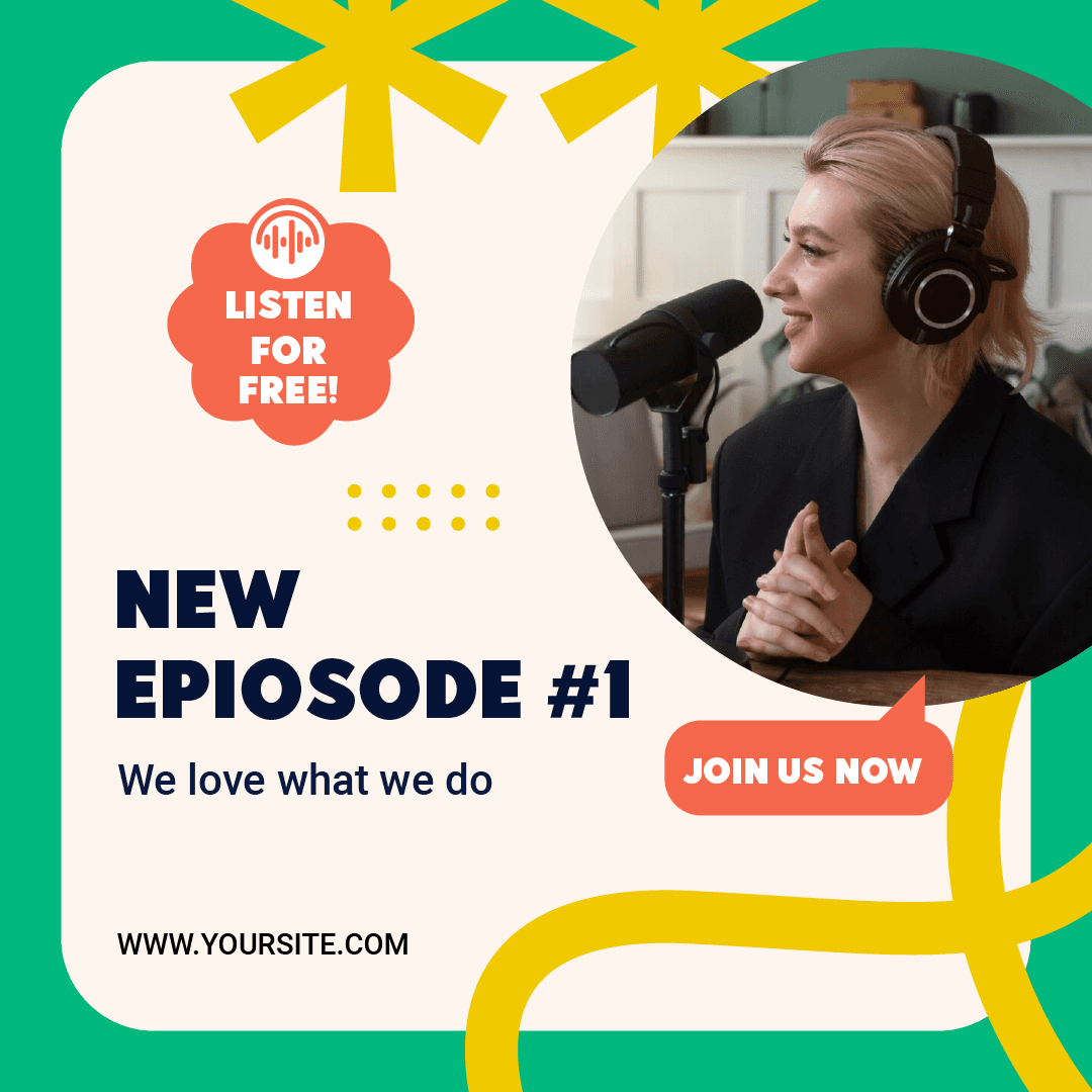 playful vibrant podcast social media post for new episodes