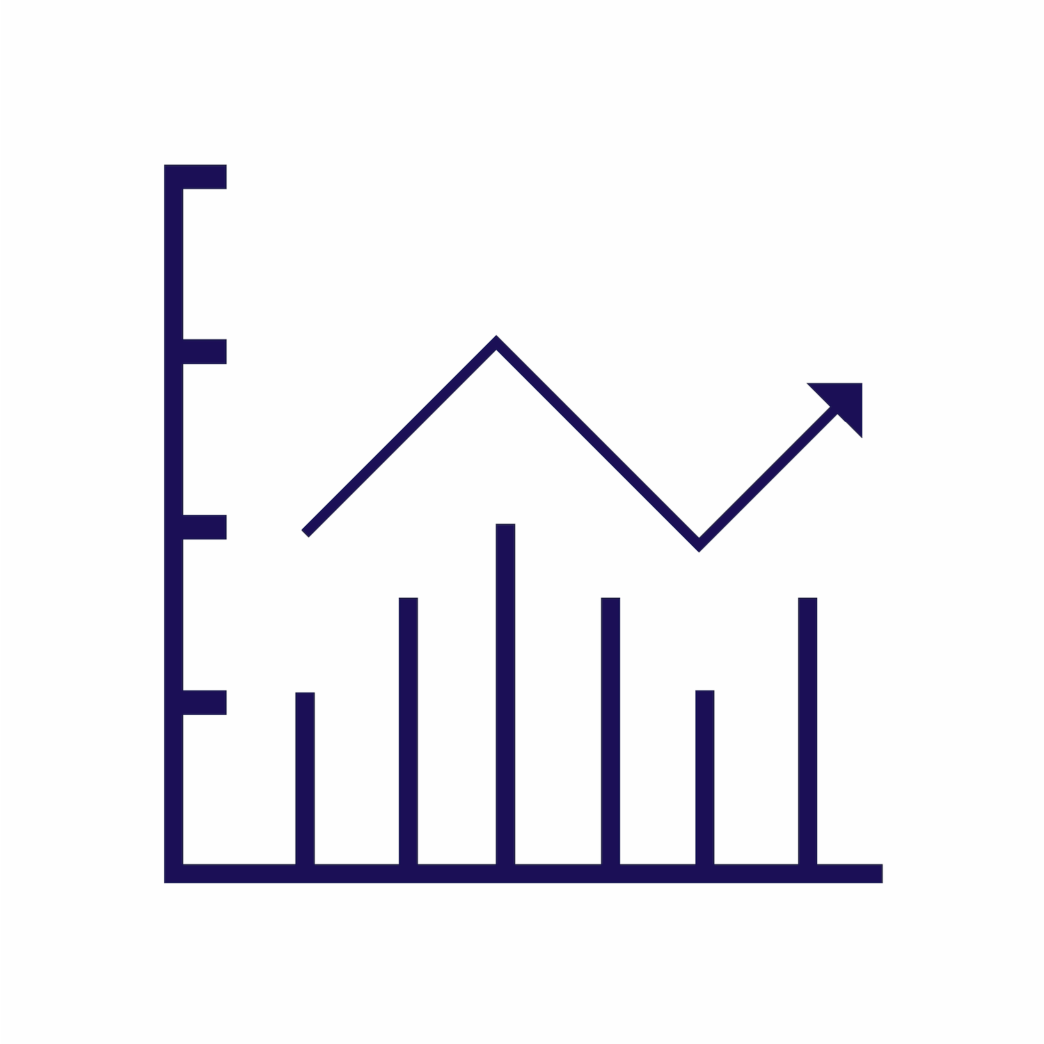 bar and line chart icon with upward arrow in dark blue, representing financial growth and analysis