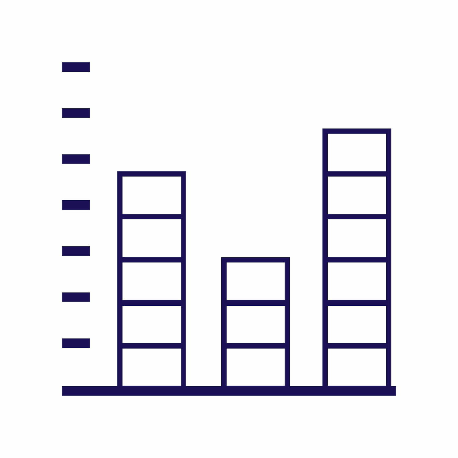 stacked bar chart icon in dark blue, ideal for business analytics and data comparison