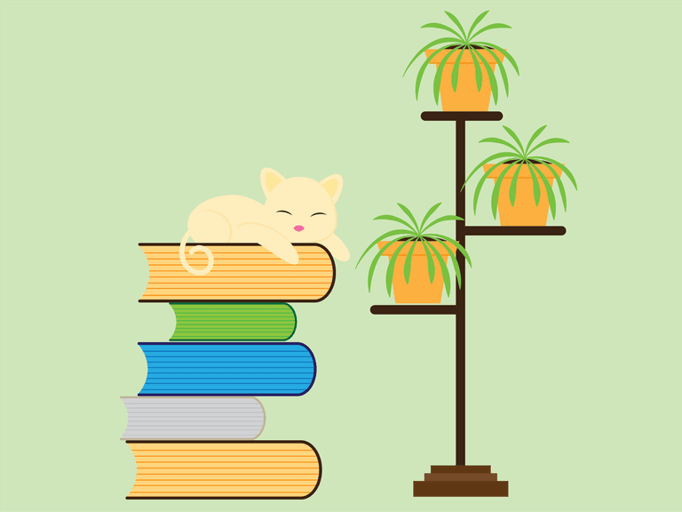 a cat sleeping on a pile of books and houseplants cat books vector