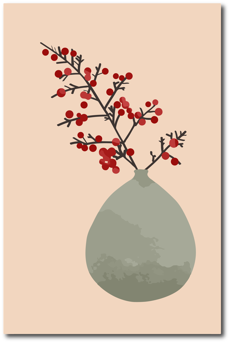abstract botanical art cover featuring striking red berries in a unique green vase