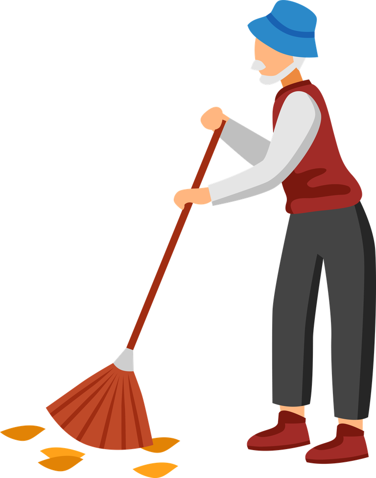 old people activities illustration of an elderly man sweeping leaves in a yard