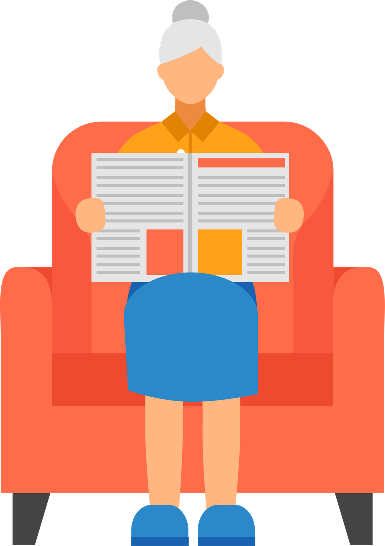 old people activities illustration featuring a woman reading a newspaper at home