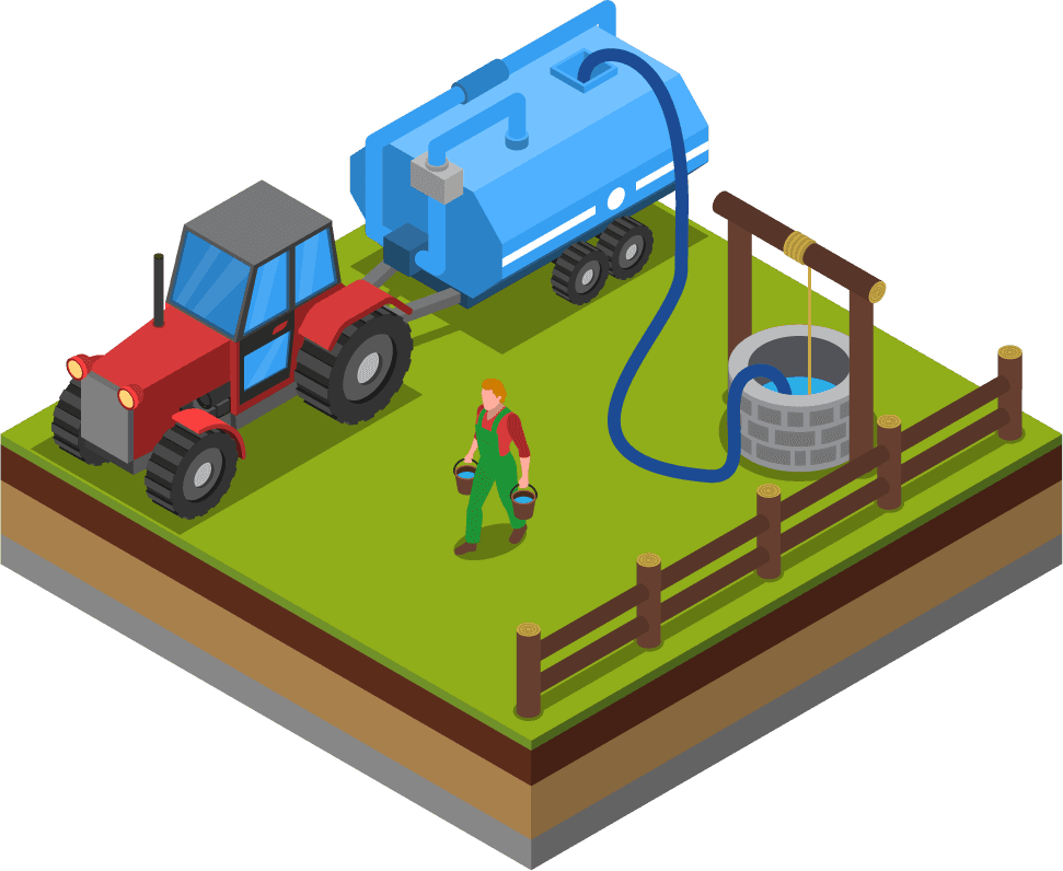 agricultural compositions isometric set showcasing farming machinery and water supply solutions