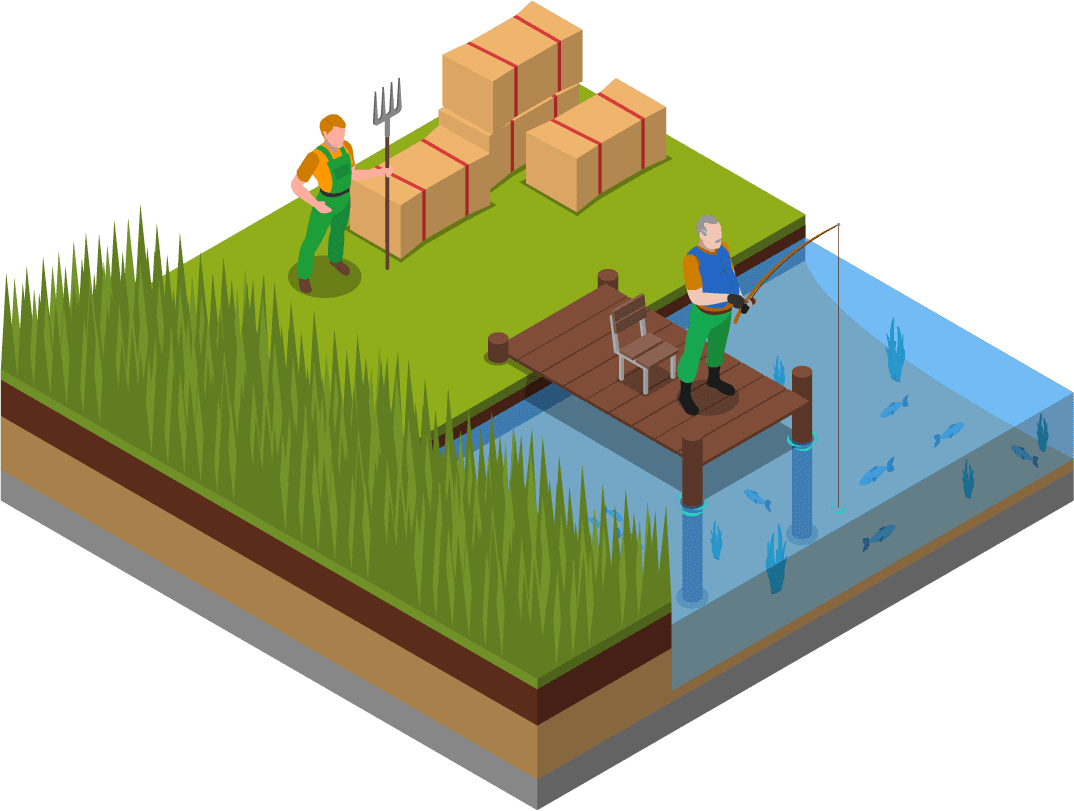 agricultural compositions isometric set for sustainable farming and fishing practices in rural areas