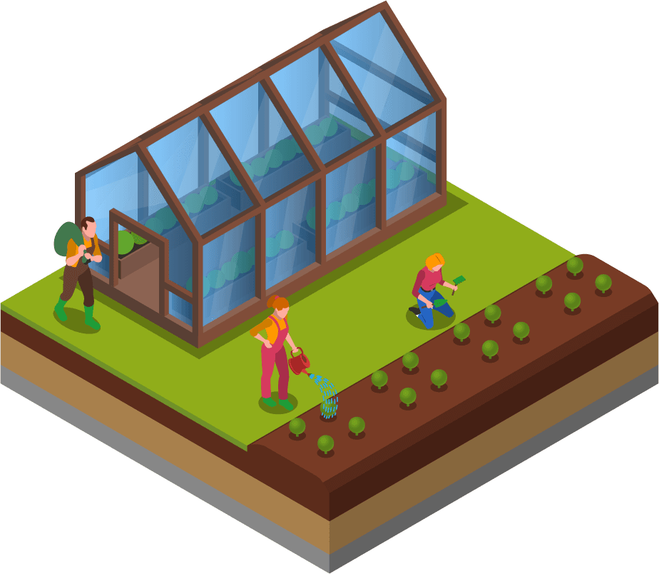 agricultural compositions isometric set featuring modern greenhouses and farming activities