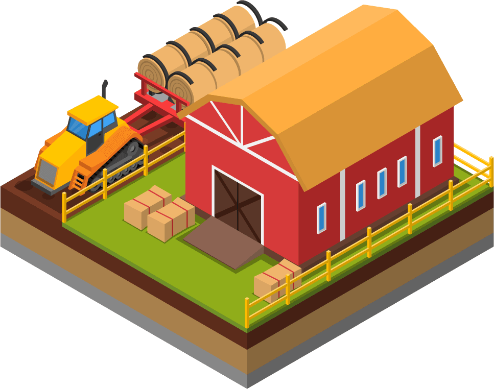 agricultural compositions isometric set featuring barn, tractor, and hay bales for modern farming