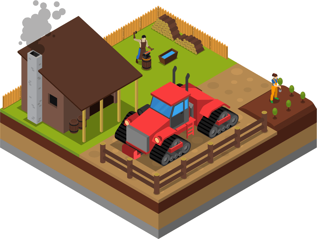 agricultural compositions isometric set featuring a tractor, farmyard activities, and vibrant landscapes