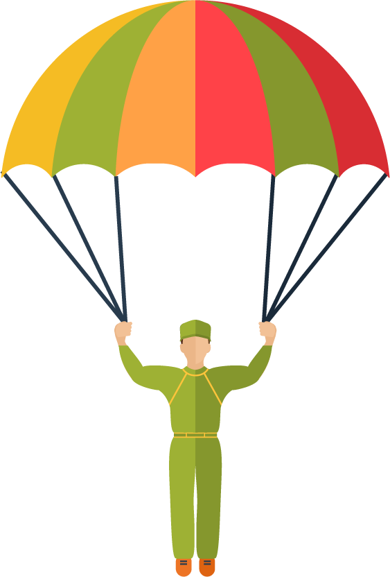 kids style aircraft flat design featuring a colorful parachute and figure in green