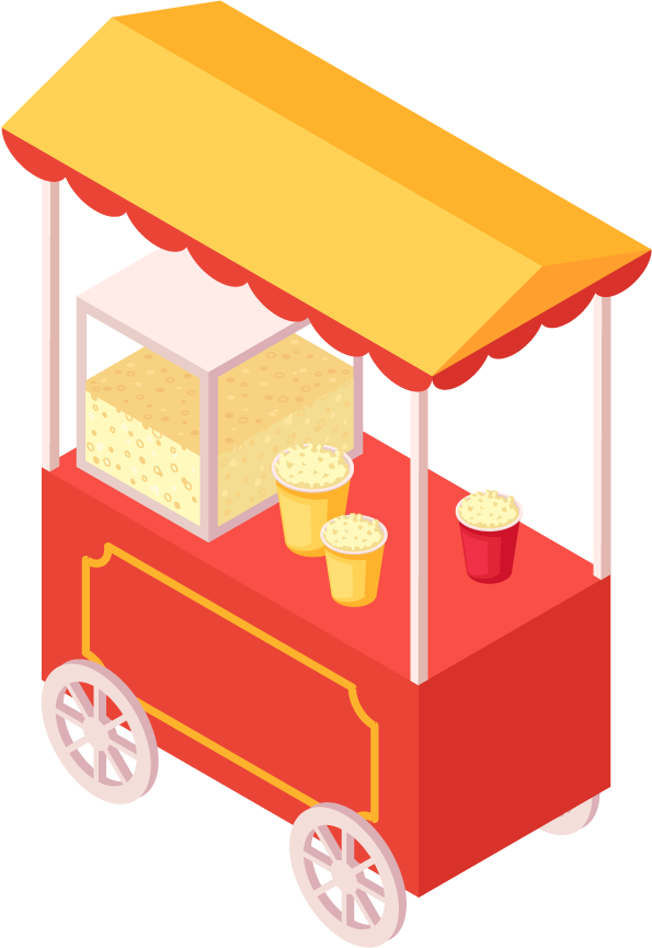 colorful isometric amusement park food cart with popcorn and drinks