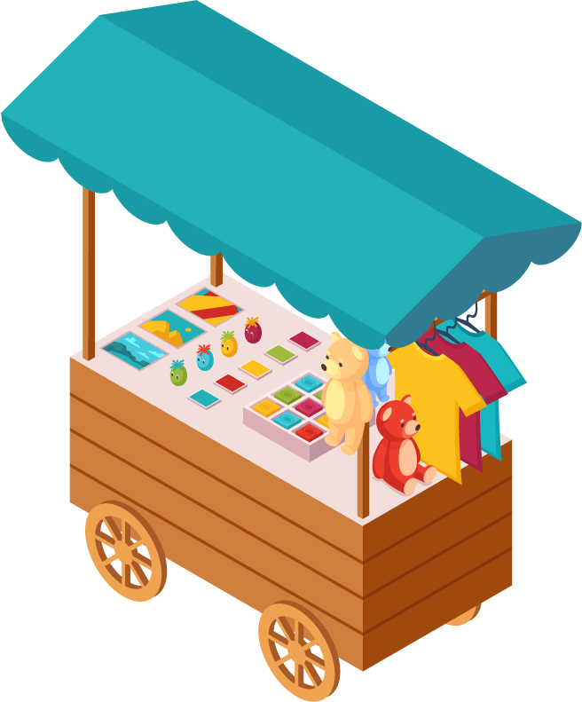 colorful isometric amusement park market stall offering toys and fun items for children