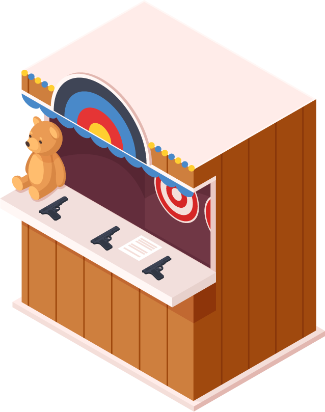 colorful isometric amusement park shooting gallery with teddy bear for fun games