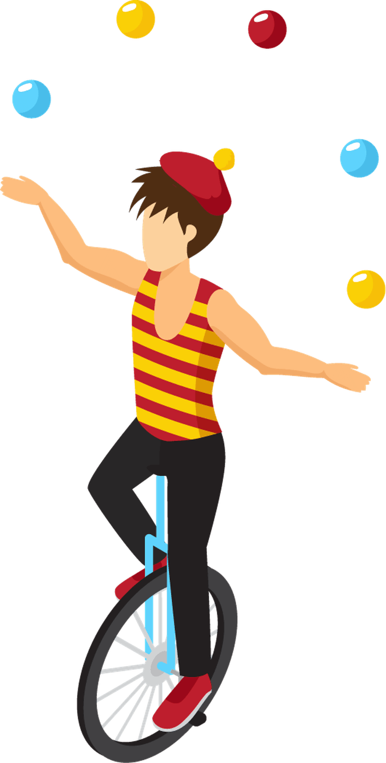 colorful isometric amusement park featuring a unicyclist juggling colorful balls