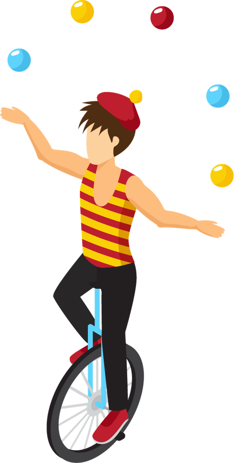 colorful isometric amusement park featuring a unicyclist juggling colorful balls
