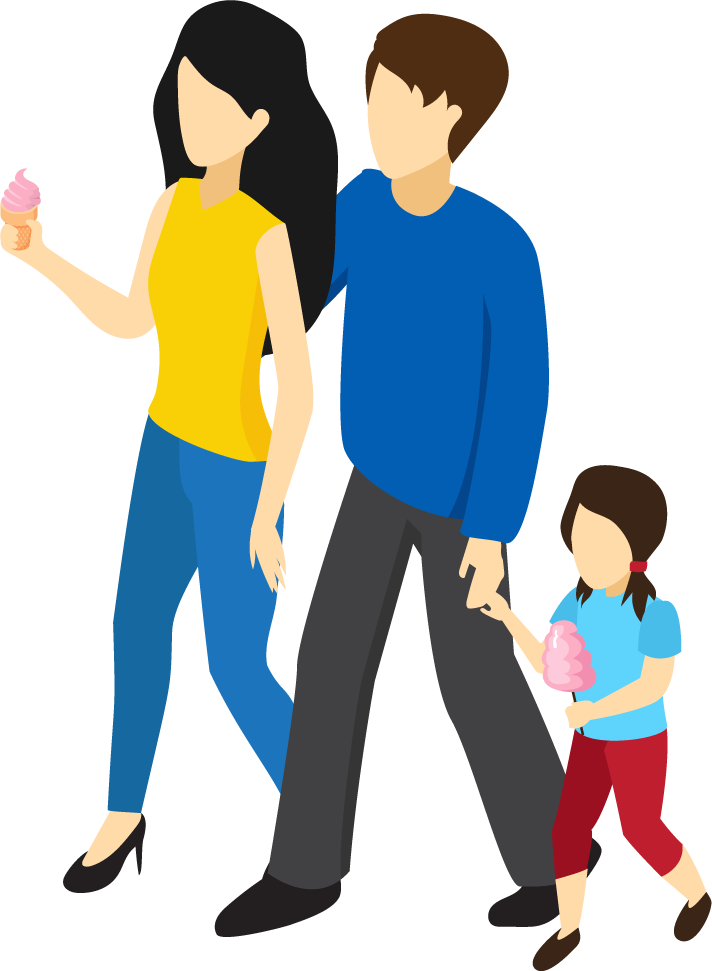 colorful isometric amusement park scene featuring a family enjoying ice cream treats