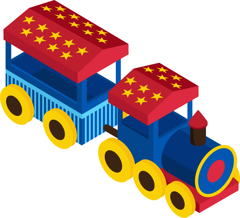 colorful isometric amusement park train with vibrant colors and playful design elements