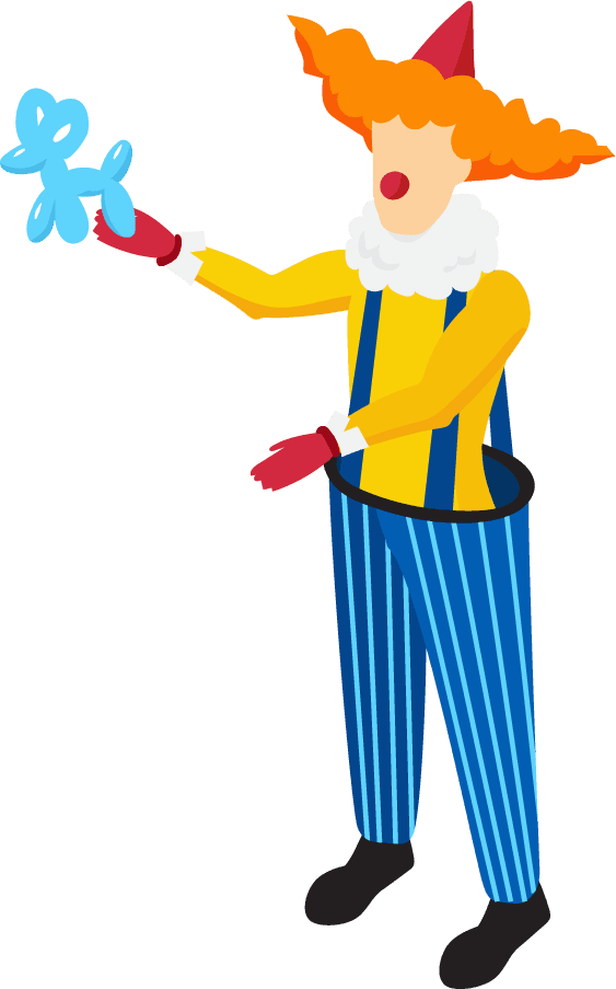colorful isometric amusement park featuring a cheerful clown with a balloon dog