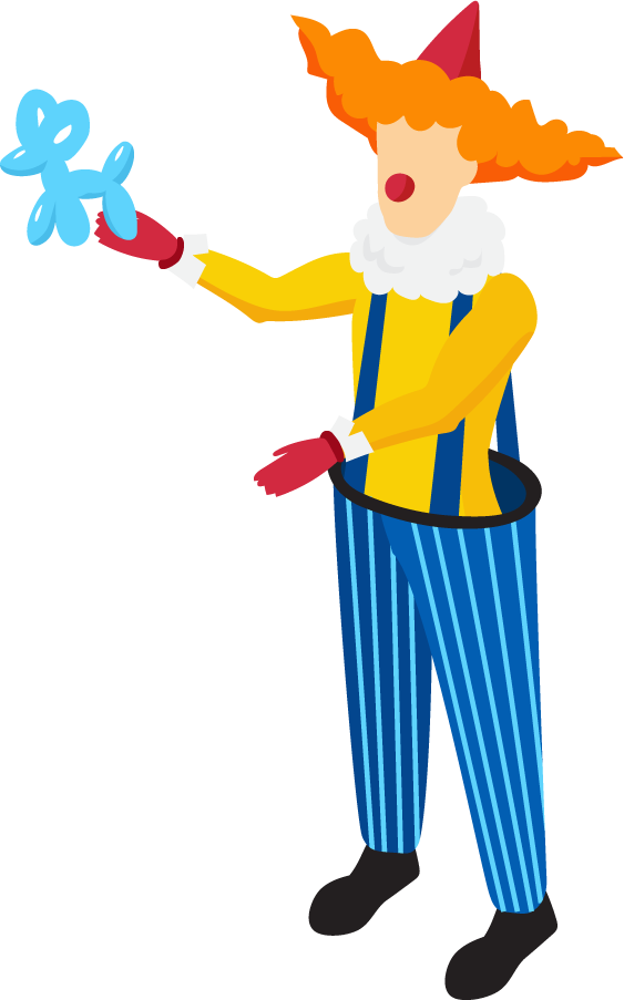 colorful isometric amusement park featuring a cheerful clown with a balloon dog