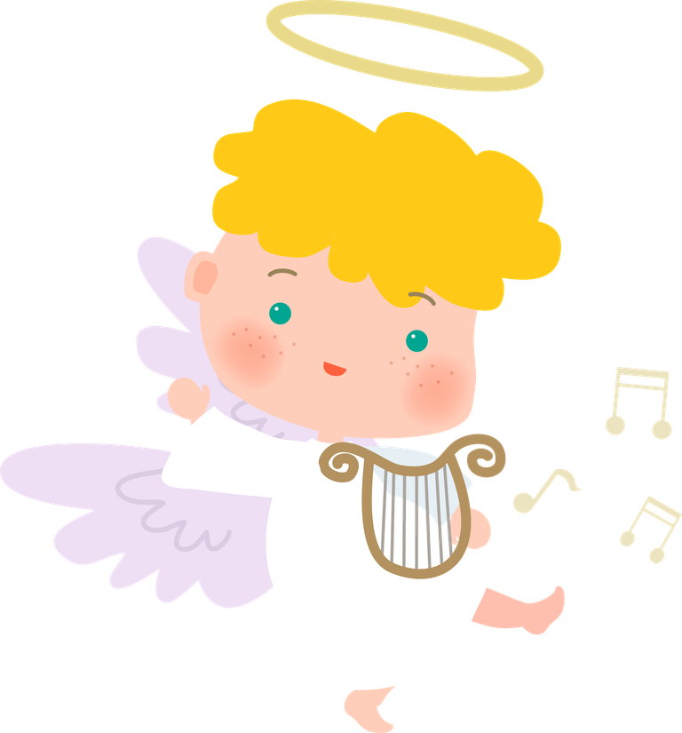 angel drawn angel collection featuring a cheerful character playing a harp with musical notes