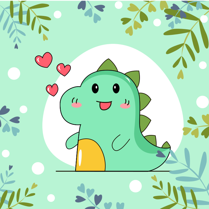 Cute green dinosaur with hearts on a green background