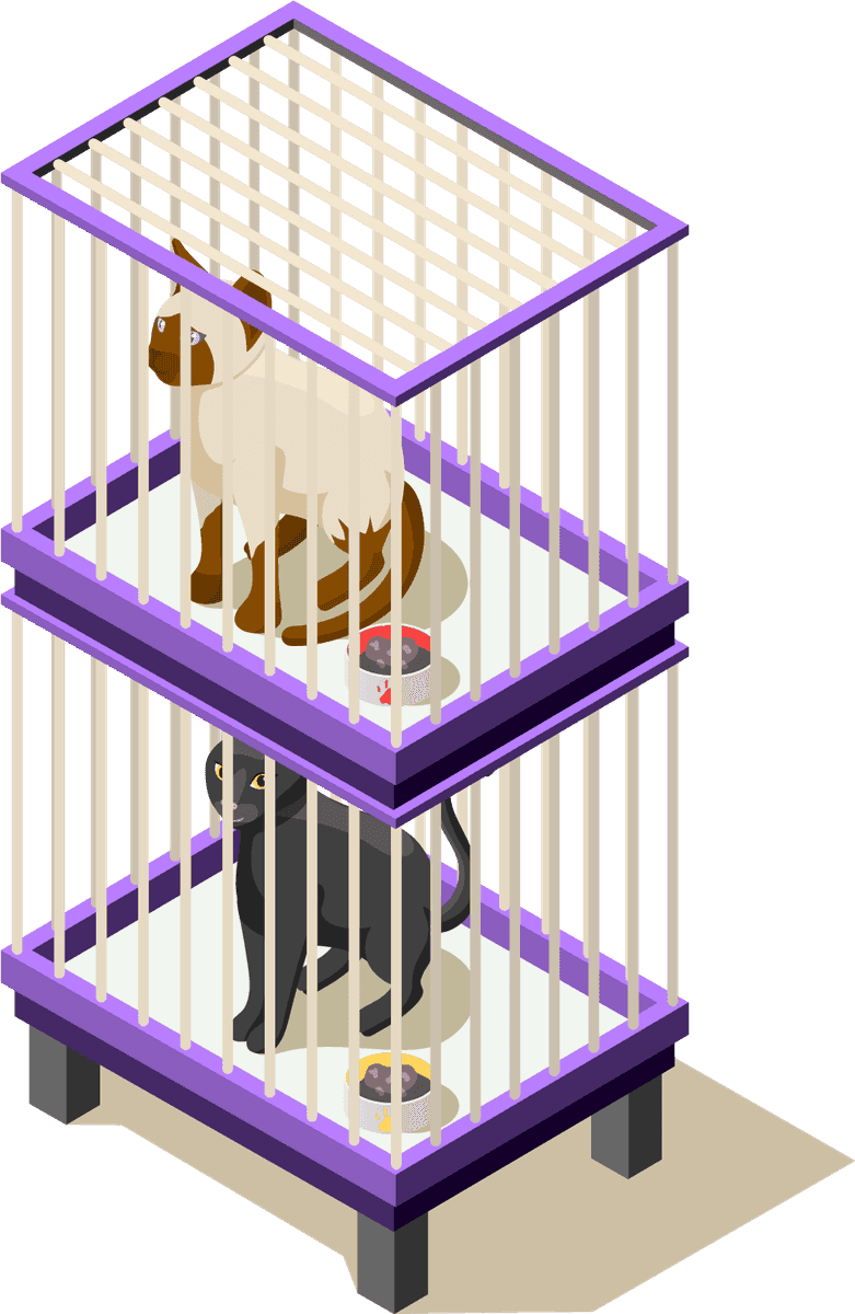 animal care volunteers isometric icons featuring a two-tiered pet shelter with cats and food bowls