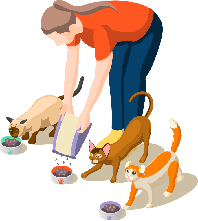 animal care volunteers isometric icons for feeding and nurturing pets during events