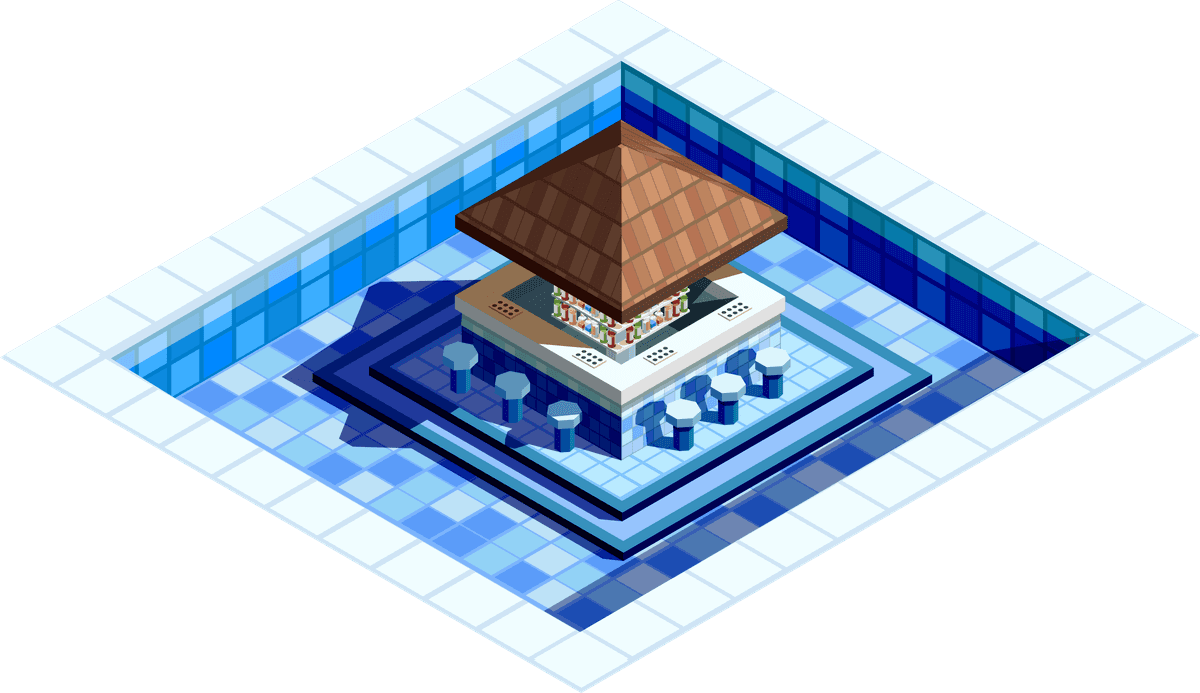 Isometric aqua park with water slides, swimming pool, palms and lounger