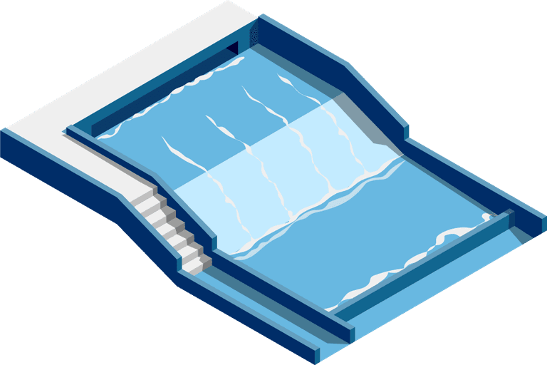 Isometric aqua park with water slides, swimming pool, palms and lounger