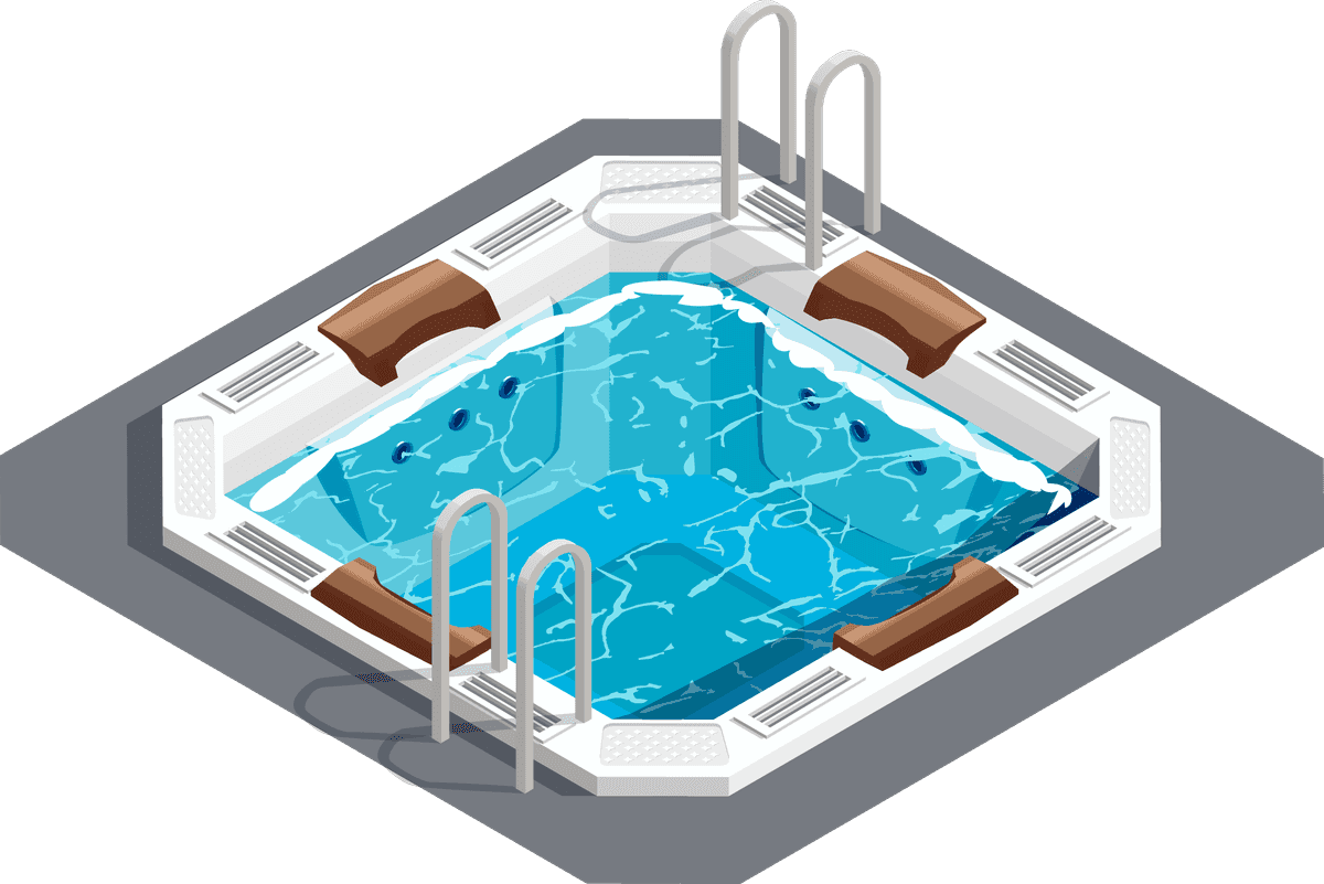 Isometric aqua park with water slides, swimming pool, palms and lounger