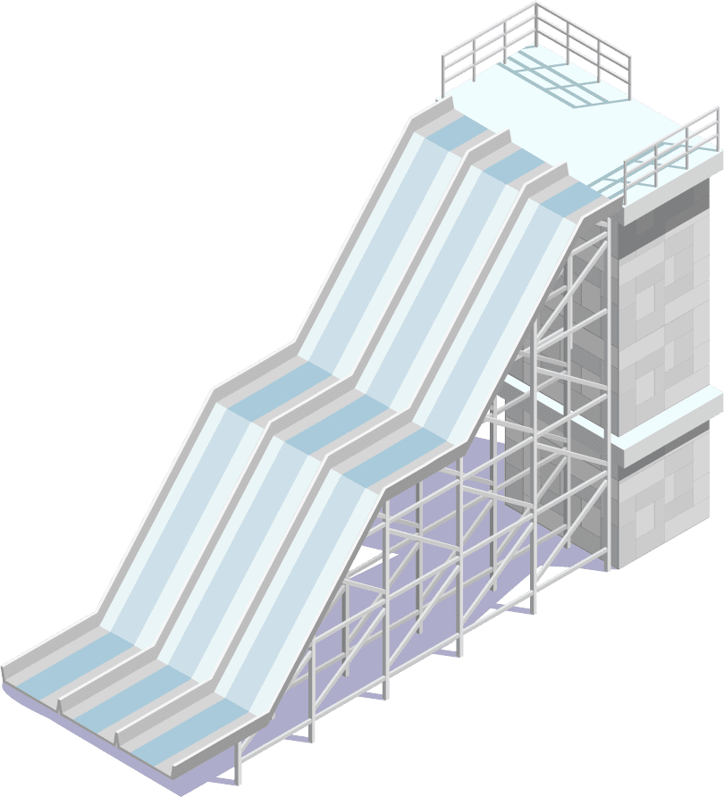 Isometric aqua park with water slides, swimming pool, palms and lounger