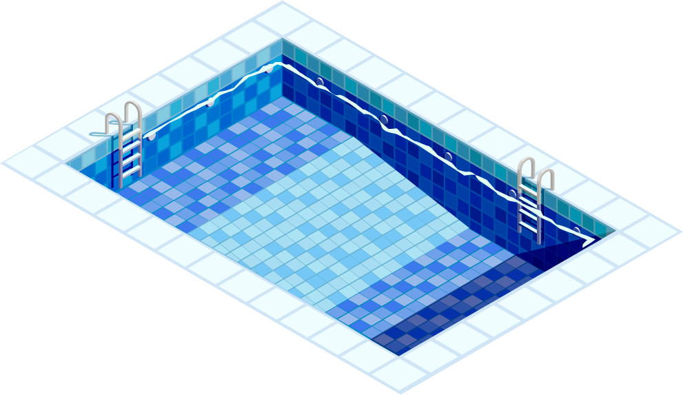 Isometric aqua park with water slides, swimming pool, palms and lounger