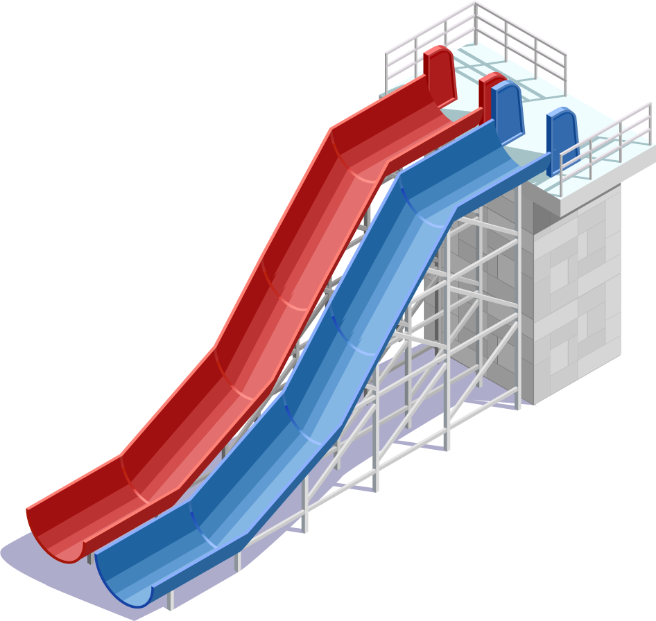 Isometric aqua park with water slides, swimming pool, palms and lounger