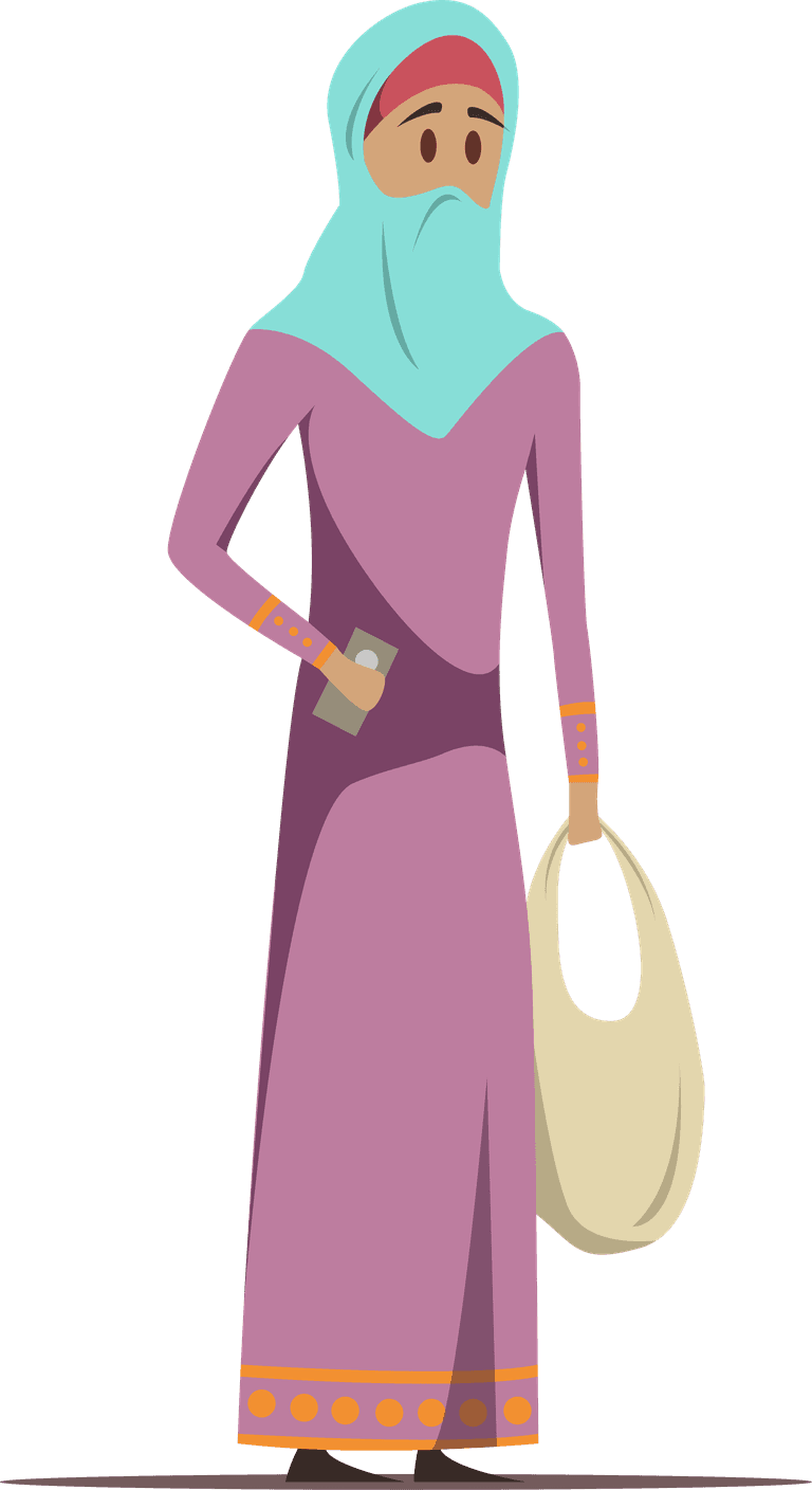 standing working arabic woman illustration in modern style with smartphone and bag