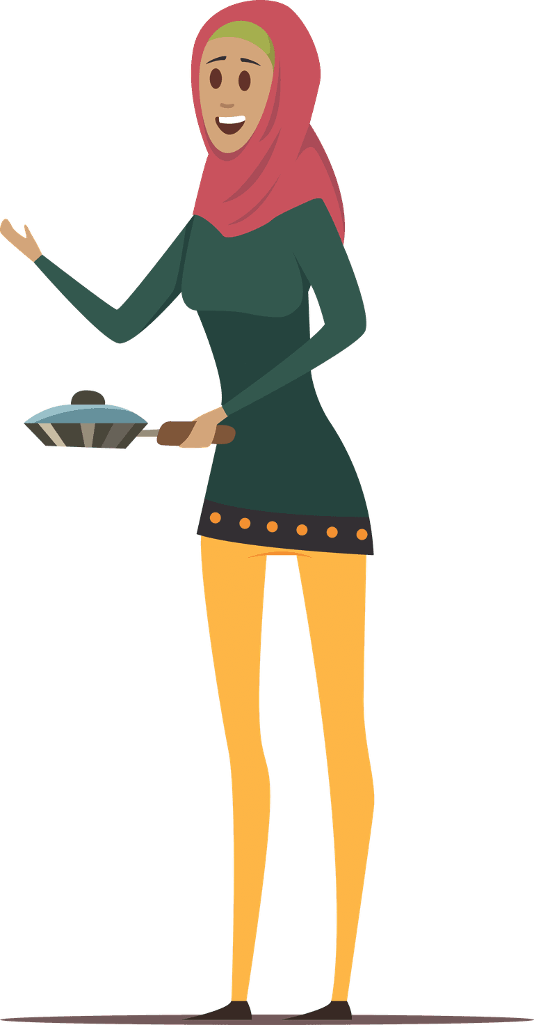 standing working arabic woman illustration with a cheerful expression serving food