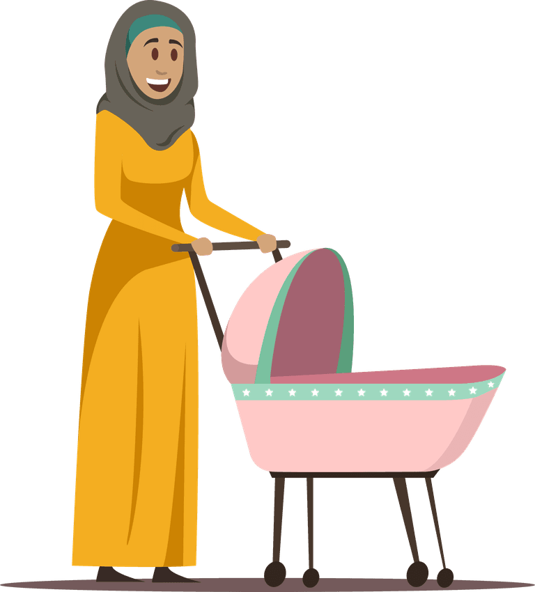 standing working arabic woman illustration with a stroller in a cheerful setting