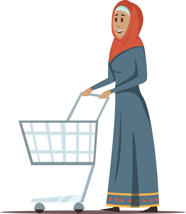 standing working arabic woman illustration with shopping cart for online stores and marketing