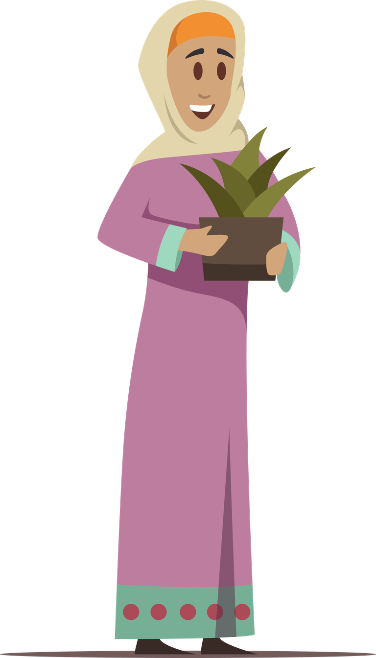 standing working arabic woman illustration with potted plant for home and office decor