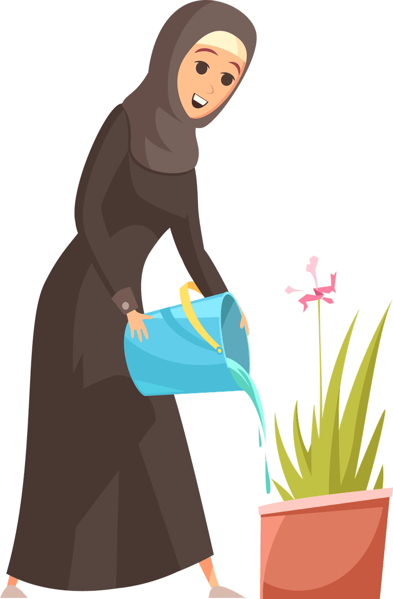 arabs family cartoon icons featuring a woman caring for plants in a vibrant setting