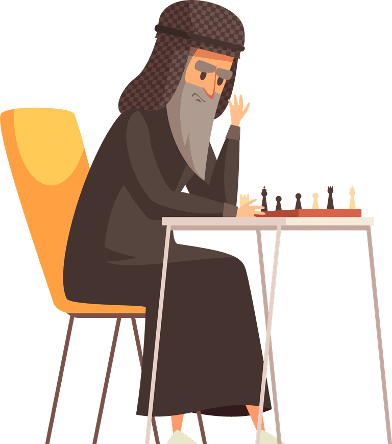 arabs family cartoon icons illustrating a wise elder enjoying chess with loved ones