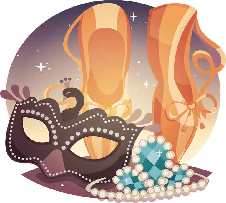 art arts round compositions set featuring elegant ballet shoes, masks, and sparkling jewels for dance themes