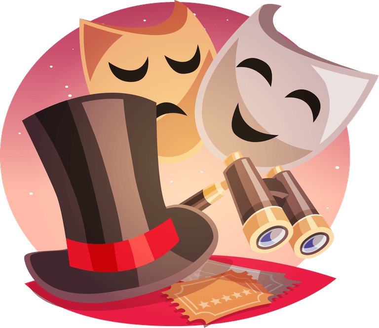 art arts round compositions set featuring theatrical masks, binoculars, and a top hat